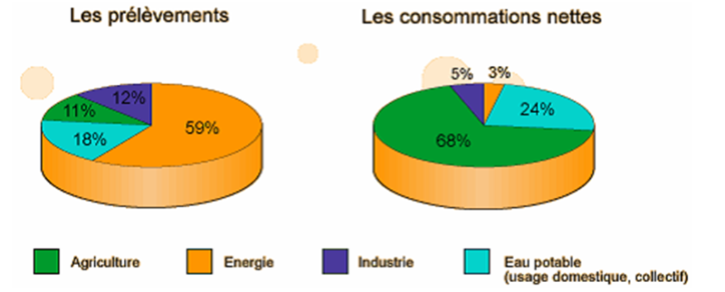 Surcoûts économiques dans les secteurs industriels et agricoles. Répartition des prélèvements et consommations dans l'agriculture, l'énergie, l'industrie et l'eau potable